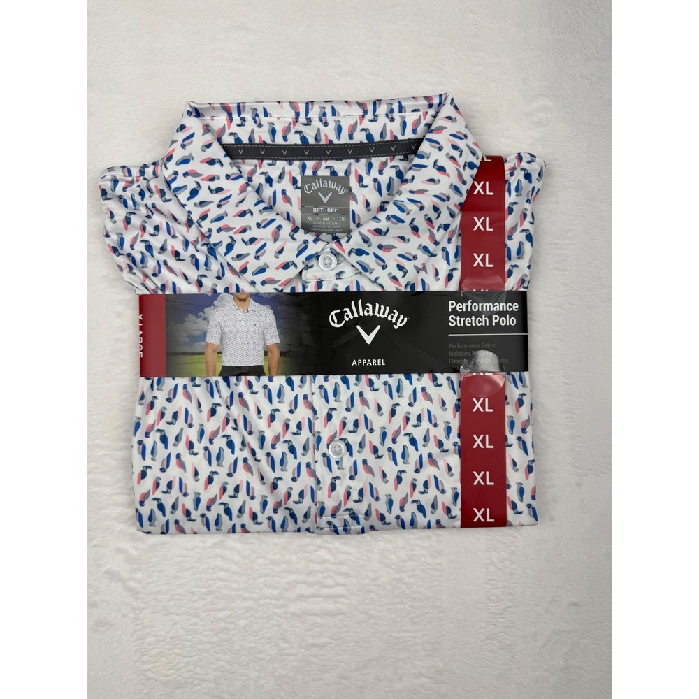 Callaway Mens XL Opti-Dri Performance Stretch Polo Toucan Print White Geometricc
